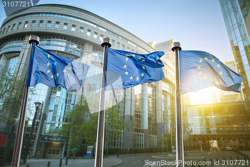 Image of European union flag against parliament in Brussels