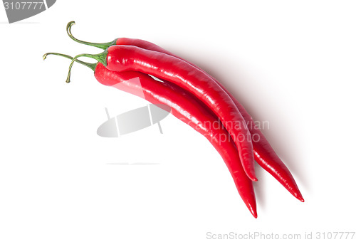 Image of Three red ripe juicy hot chili peppers top view