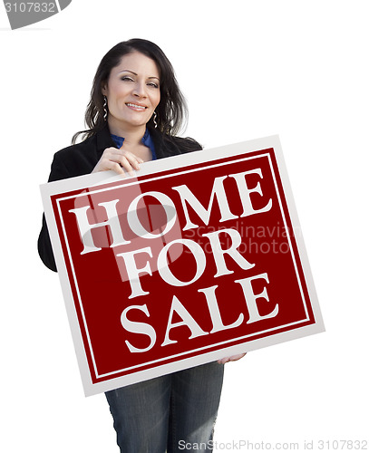 Image of Hispanic Woman Holding Home For Sale Real Estate Sign