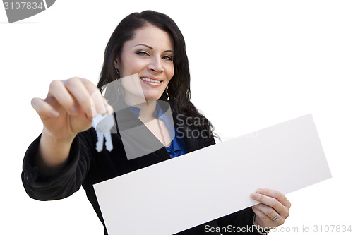 Image of Hispanic Woman Holding Blank Sign and Keys On White