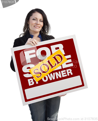 Image of Hispanic Woman Holding Sold For Sale By Owner Sign