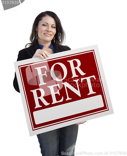 Image of Hispanic Woman Holding For Rent Sign On White