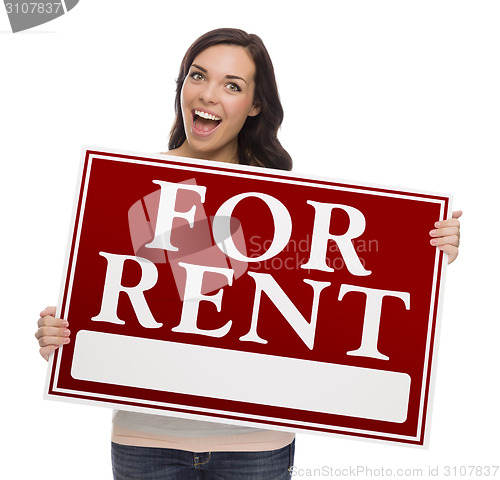 Image of Mixed Race Female Holding For Rent Sign on White