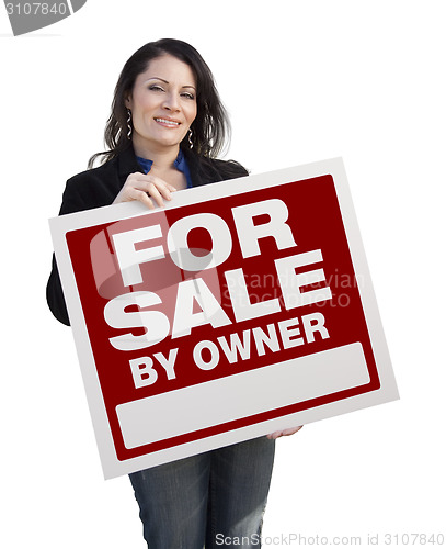 Image of Hispanic Woman Holding For Sale By Owner Sign On White