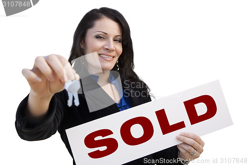 Image of Hispanic Woman Holding Sold Sign and Keys On White