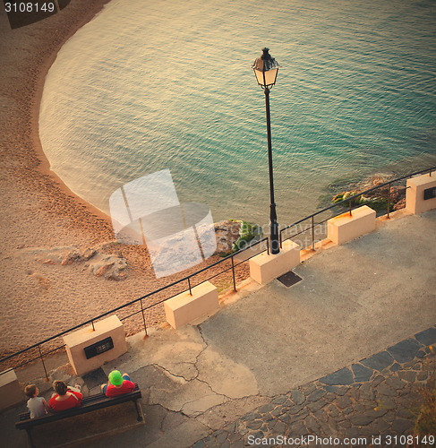 Image of Tossa de Mar, Spain, view of Gran Platja beach and Badia de Toss