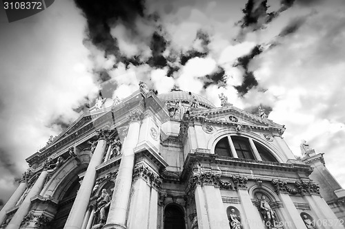 Image of Low angle view of Santa Maria della Salute church bw