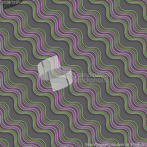 Image of Geometrical ornament with diagonal green and purple wavy lines