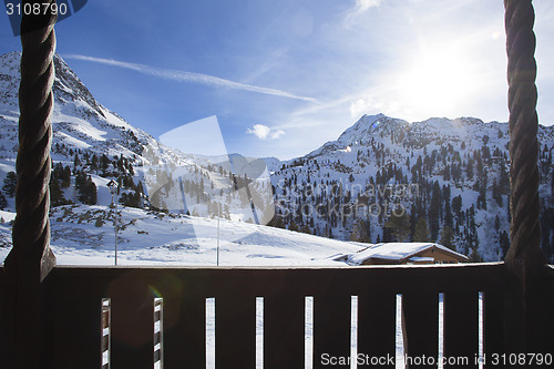Image of Beautiful view from a ski hut in snowy mountains