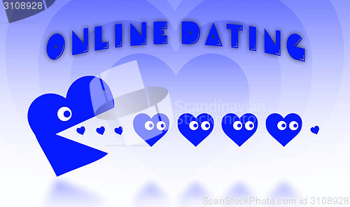 Image of Concept of dating - big Pacman heart hunting small hearts