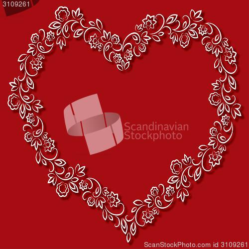 Image of Vector floral frame in the shape of hearts on a red background