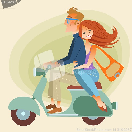 Image of Lovers man and woman on retro bike going down the road