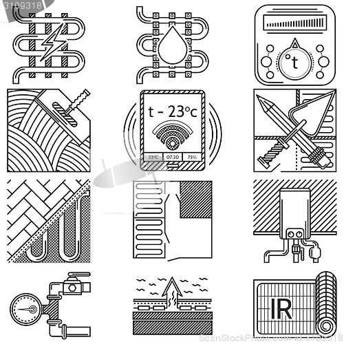 Image of Set of black vector icons for heated floor