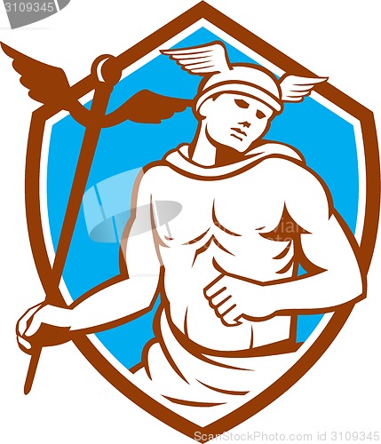 Image of Mercury Holding Caduceus Staff Shield Retro