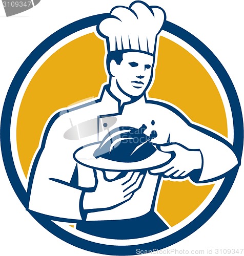 Image of Chef Cook Serving Chicken Platter Circle Retro