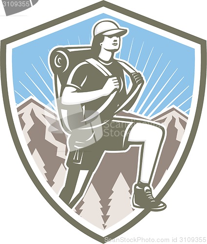 Image of Female Hiker Hiking Mountain Shield Retro