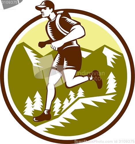 Image of Cross Country Runner Mountains Circle Woodcut