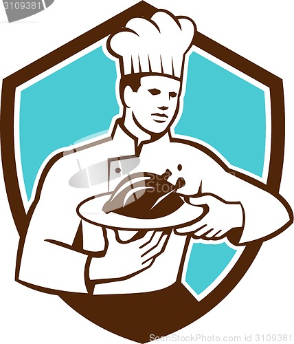 Image of Chef Cook Serving Chicken Platter Shield Retro