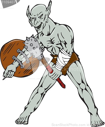 Image of Orc Warrior Hold Club Shield Cartoon