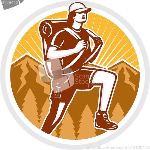 Image of Female Hiker Hiking Mountain Circle Retro