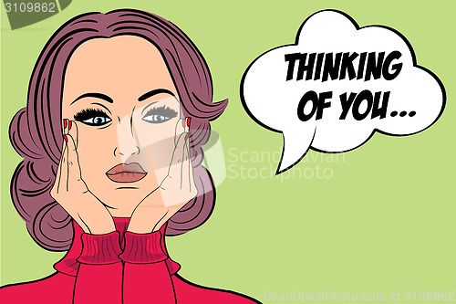 Image of pop art cute retro woman in comics style with message