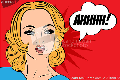 Image of pop art sad retro woman in comics style with message