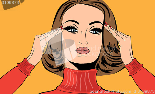 Image of pop art retro woman in comics style with migraine