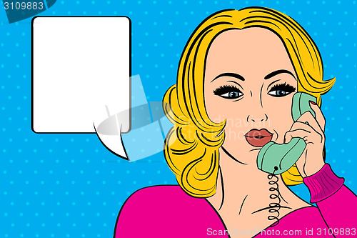 Image of pop art  retro woman in comics style talking on the phone