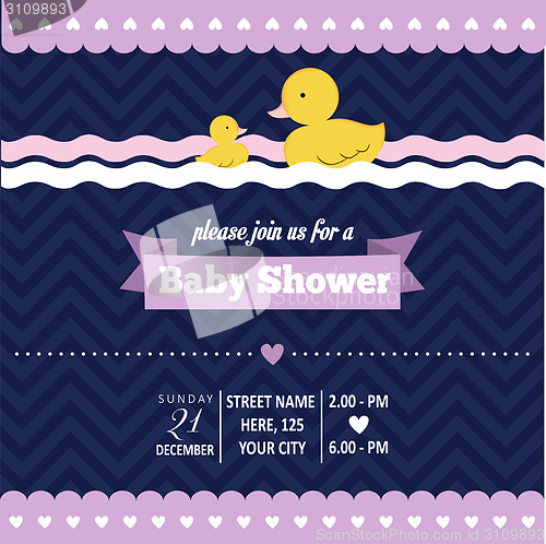 Image of baby shower invitation with duck in retro style
