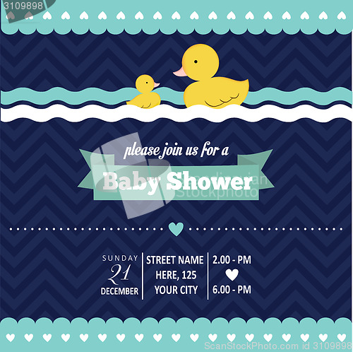 Image of baby shower invitation with duck in retro style
