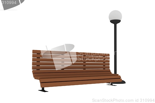 Image of 3D render of a bench and a street light