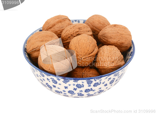 Image of Walnuts in shells, in a blue and white china bowl
