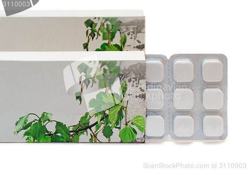 Image of Drug: tablets in a package on a white background.