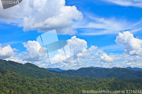 Image of green mountains and blue sky on background