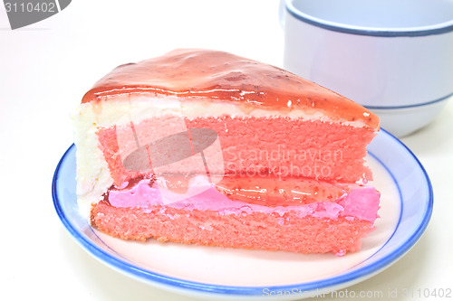 Image of Strawberry cheesecake in plate on background