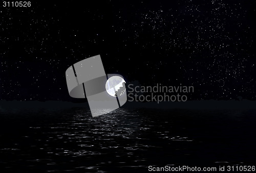 Image of Moon in the sky with stars and water.