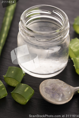 Image of aloe vera juice with fresh leaves 