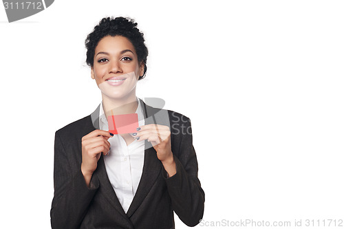 Image of Business woman showing blank credit card