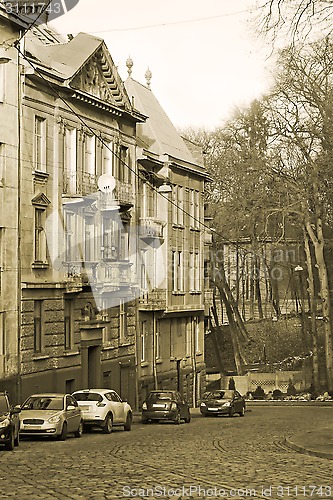 Image of Old dwelling houses in Lviv, Ukraine, sepia