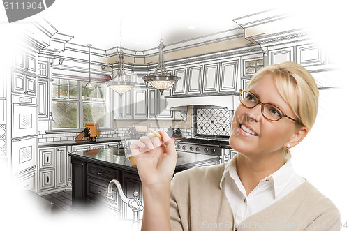 Image of Woman With Pencil Over Custom Kitchen Design Drawing and Photo C