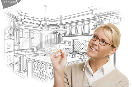 Image of Woman With Pencil Over Custom Kitchen Design Drawing