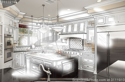 Image of Beautiful Custom Kitchen Design Drawing and Photo Combination