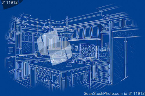 Image of White Custom Kitchen Design Drawing on Blue