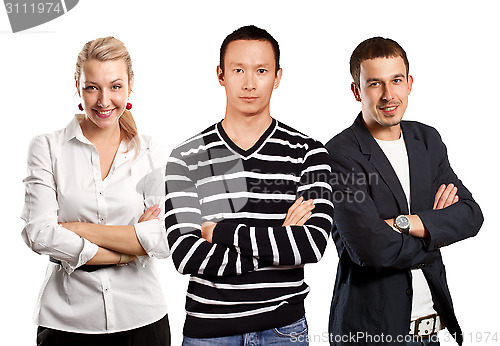 Image of Teamwork and Asian Man In Striped Pullover