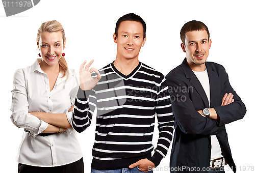Image of Teamwork and Asian Man In Striped Pullover
