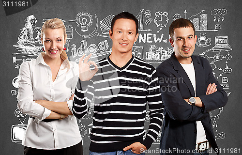 Image of Teamwork and Asian Man In Striped Pullover