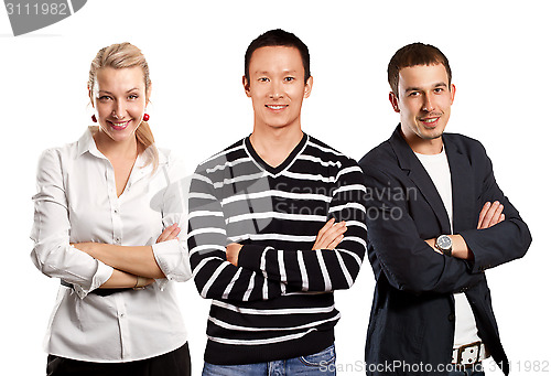 Image of Teamwork and Asian Man In Striped Pullover