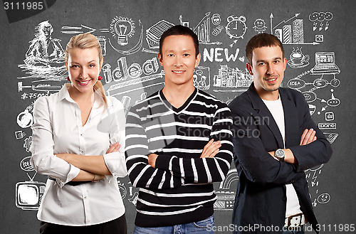 Image of Teamwork and Asian Man In Striped Pullover