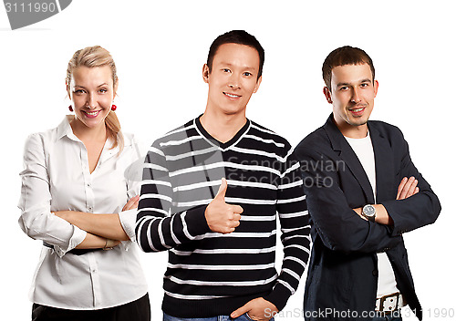 Image of Teamwork and Asian Man In Striped Pullover