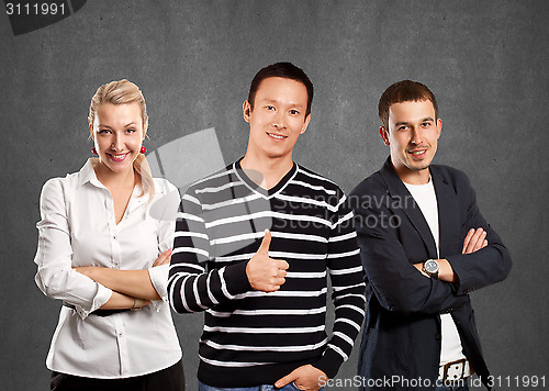 Image of Teamwork and Asian Man In Striped Pullover